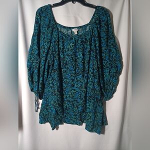 Floral Blue and Black Blouse